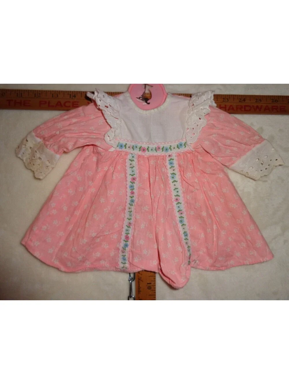 Vintage Pink Floral Calico Baby Doll Dress Eyelet Flutter Trim Ribbon